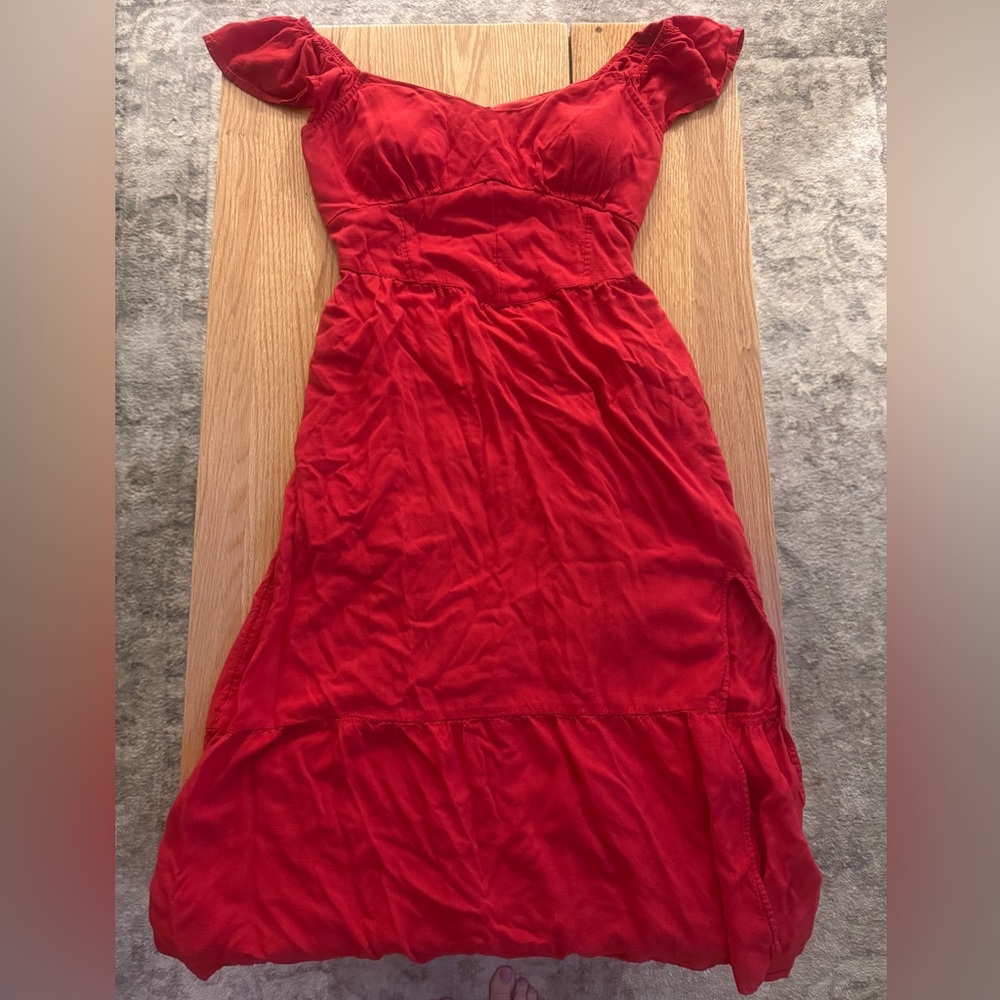 Hollister Red Fit & Flare Midi Dress Tie Back Flutter Sleeve Size L